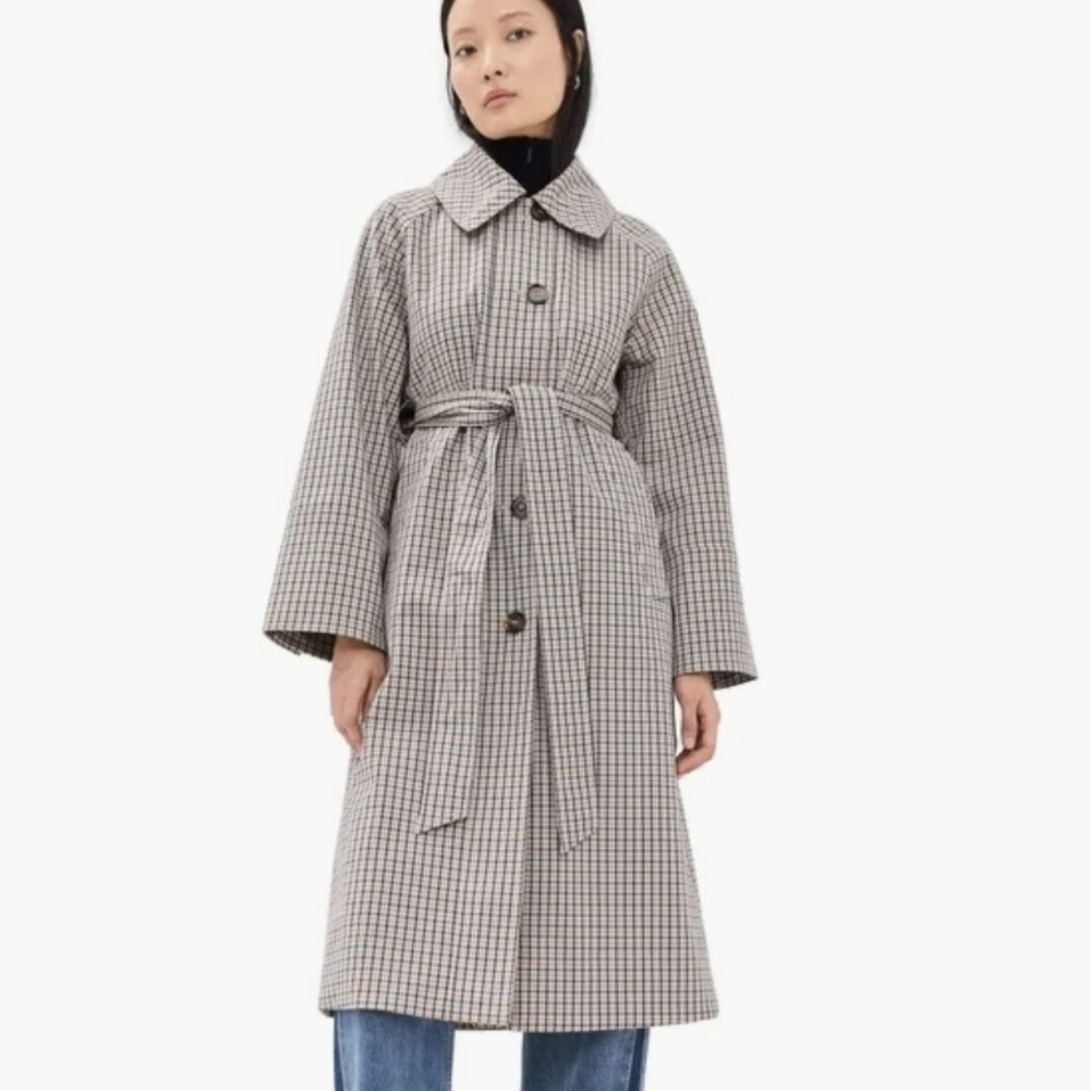 Barbour Beatrix Check Showerproof Trench Coat Sky Micro Check, Size 6